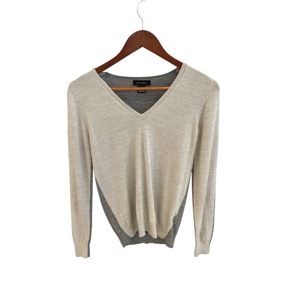 Club Monaco Womens V-Neck Two-Tone Sweater M 100% Merino Wool Gray & Beige - Picture 1 of 6